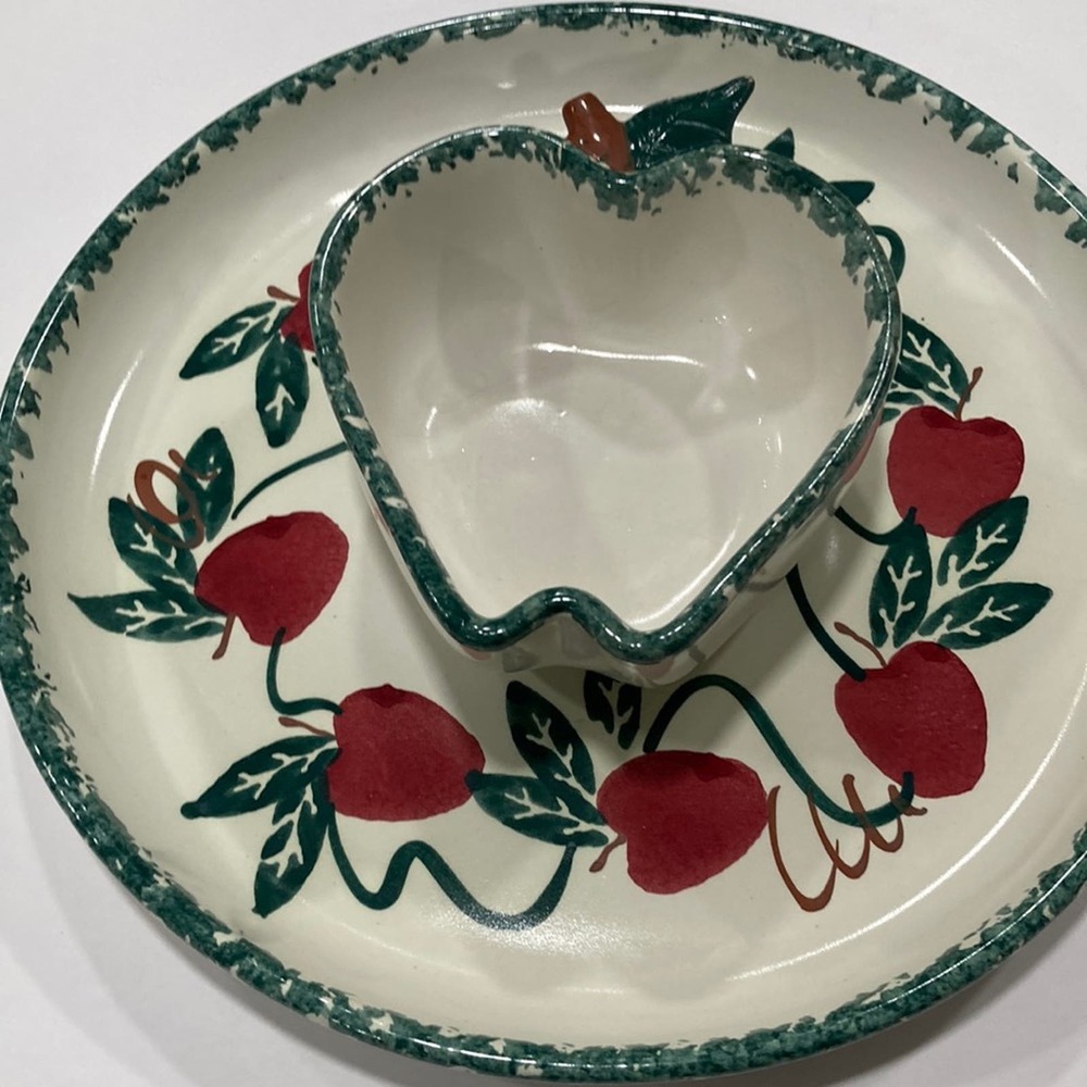 Vintage Chaparral Pottery Apple‎  shaped dip bowl attached to 10" plate.